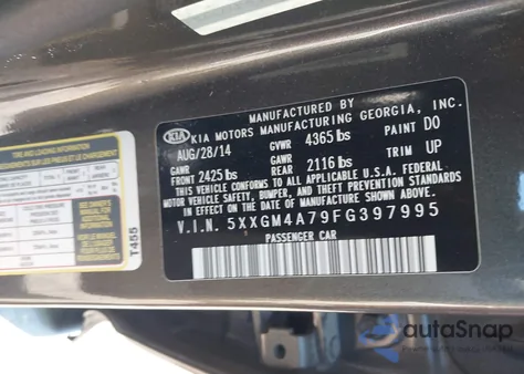 2015 Kia Optima Lx из США, поврежденный, VIN 5XXGM4A79FG397995